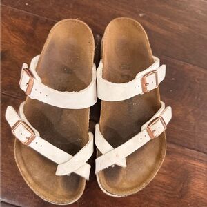 Birkenstock Kids White Strappy Sandals with Rose Gold Buckles